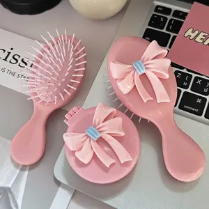 Cute Pink Bow Folding Air Cushion Comb Mini Portable Travel Massage Hairbrush With Mirror For Women Students Hair Styling Tools