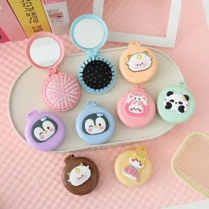 Portable cartoon folding airbag comb with mirror in various cute pastel animal designs