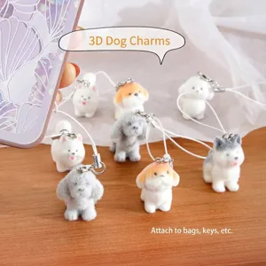 Adorable 3D mini flocked puppy figurines for keychains, phone charms, and bag decor