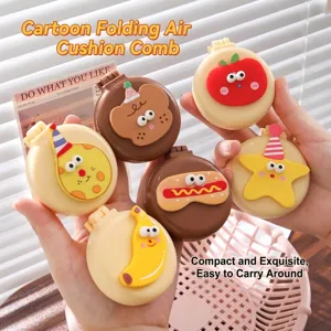 Cute cartoon animal folding air cushion hairbrush with built-in mirror for travel