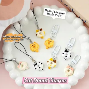 Cute Cartoon Cat Donut Keychain Funny Food Model Bag Pendant Creative Painted Resin Cat Shape Keyring For Couples Friends Gift Accessory