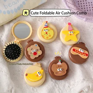 Cute cartoon foldable air cushion hairbrush with mirror, portable mini travel massage comb