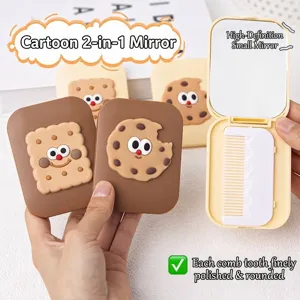 Lindo espejo de tocador portátil 2 en 1 con forma de galleta cartoon y mini peine plegable