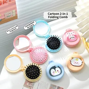 Cute cartoon portable folding air cushion hairbrush with integrated mirror in pastel colors
