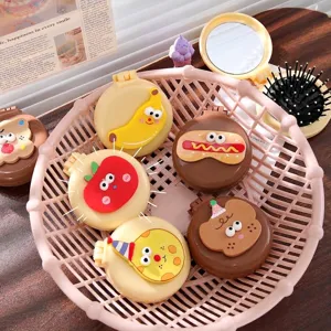 Cute portable cartoon folding air cushion hairbrush with a built-in mirror for travel use