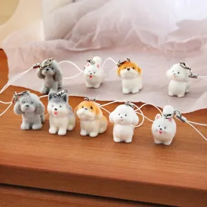 Cute 3D flocked dog charms in various breeds with white straps for keychains