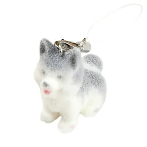 Cute fluffy husky dog figurine keychain with white cord for car or desk decor