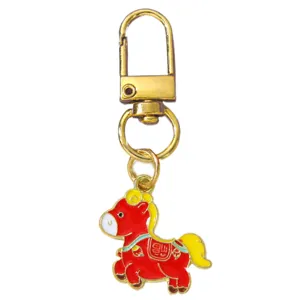 Chinese zodiac red horse keychain with gold fortune character pendant and metal clip