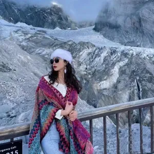Colorful ethnic style thick warm shawl scarf for women in scenic winter mountain setting