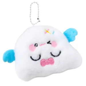 Cute white cloud plush keychain ornament with blue wings and embroidered smiling face