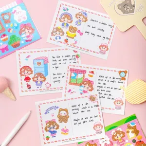 Cute glitter cartoon postcard and sticker set with girls and bears for DIY journaling