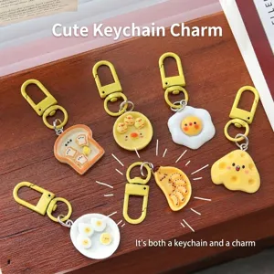 Cute resin food keychains set with egg, bread, and cheese creative bag pendants