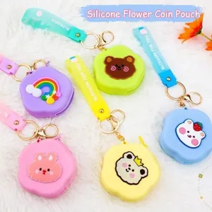 Cute cartoon silicone flower coin purse with wristband and zipper closure for storage