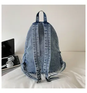 Gedetailleerd overzicht van een vintage denim rugzak met schouderbanden en fijne textuur.