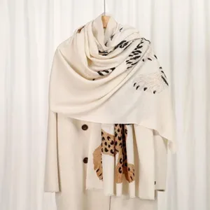Women Leopard Print Scarf Fashion Polyester Imitation Cashmere Shawl Wrap Autumn Winter Warm Printed Versatile Long Scarf Pashmina