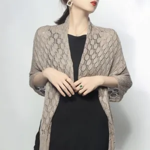 Elegant taupe knitted ice silk shawl featuring a detailed honeycomb openwork pattern
