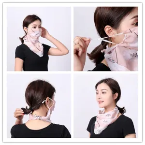 Detailed views showing the floral chiffon sun protection mask with adjustable ear loops