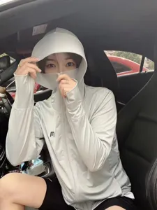 Breathable light grey UV protection sun jacket with integrated face mask and hood