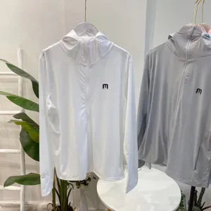 Breathable UV sun protection hooded jacket with thumb holes in white and gray.