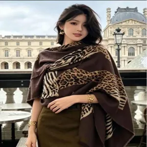 Elegant leopard and zebra print faux cashmere scarf wrap shawl in chocolate brown