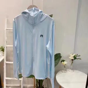 Breathable light blue hooded sun protection jacket with thumb holes and chest logo detail