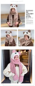 Detail of cute panda 3-in-1 hat scarf gloves set in soft plush fabric