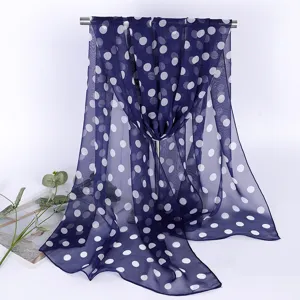 Elegante sciarpa rettangolare in georgette blu navy a pois per donna texture leggera