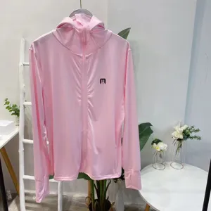 Pink hooded sun protection jacket with thumb holes for outdoor summer UV resistance.