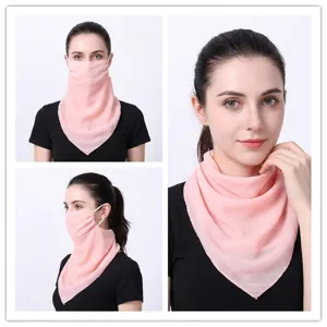 Detail view of pink chiffon sun protection face mask with neck gaiter for UV protection