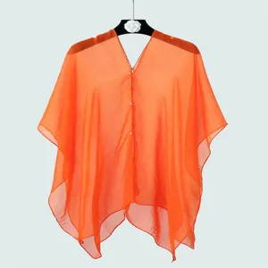 Lightweight orange chiffon sun protection shawl featuring elegant pearl buttons for beach