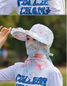 Detail view of a floral sun hat with matching breathable face mask for summer