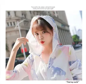 Close-up of lightweight hooded sun protection jacket with colorful geometric print