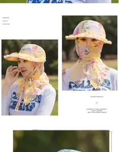 Detail view of floral sun hat with integrated face and neck cover for outdoor sun protection