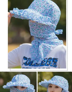 Detailed view of women's floral sun hat featuring full face cover and protective neck flap