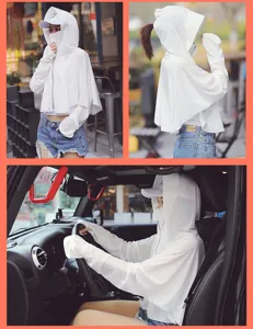 Detailed view of white ice silk sun protection jacket with hood and face mask for driving