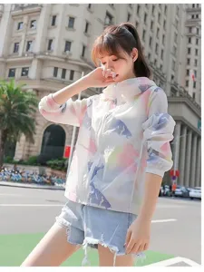 Lightweight breathable women's sun protection jacket with colorful abstract print