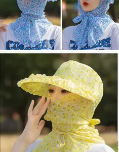 Detail of floral sun protection hat and integrated face mask for outdoor activities