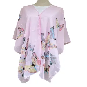 Pink faux silk butterfly print sun protection shawl cape with pearl buttons
