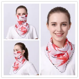 Elegant floral chiffon sun protection neck scarf mask with ear loops shown on a model