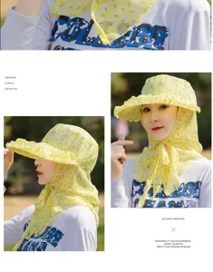 Details of floral sun hat with neck protection for outdoor activities