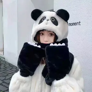 Women Panda Three-In-One Winter Set Integrated Faux Rabbit Fur Hat Scarf Gloves Integrated Thick Warm Plush Cartoon Animal Ear Hooded Neck Warmer