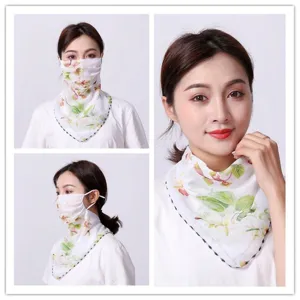 Detailed view of floral chiffon sun protection mask for women in various wearing styles