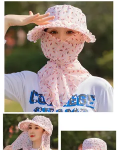 Detail view of floral sun protection hat featuring an integrated face mask cover