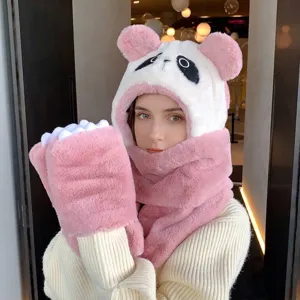 Cute 3-in-1 panda themed plush hat scarf and gloves set for winter warmth and style
