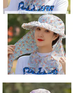 Close-up view of women's floral sun hat featuring neck protection flap for outdoor UV shield
