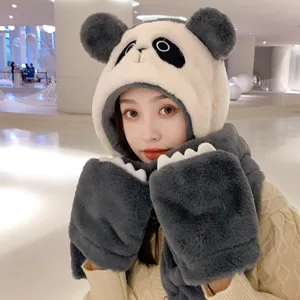 Adorable panda plush three-in-one hat scarf and mitten set for women's winter warmth