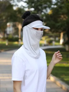 Detail view of an Asian model wearing a white ice silk sun protection mask with visor