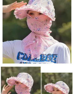 Detail view of pink floral outdoor sun hat featuring integrated face mask and neck cover