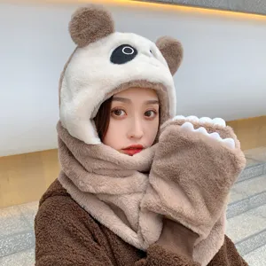 Cute plush panda 3-in-1 hat scarf and gloves set for women in winter warm brown