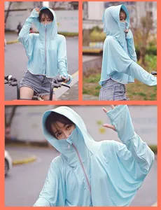 Detail view of women's light blue ice silk UV protection jacket for outdoor cycling